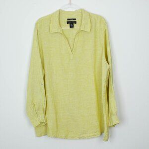 Tahari Lemon-Green Linen V-Neck Collared Blouse
